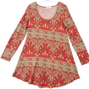 Faddare Red Mini Dress Stretch Y2k Boho Paisley Long Sleeves Scoop Womens Size S